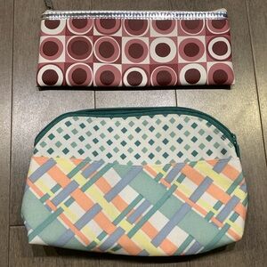 2pc Cosmetic Bag Set Geometric & Pastel Plaid Travel Makeup Pouch Pencil Case